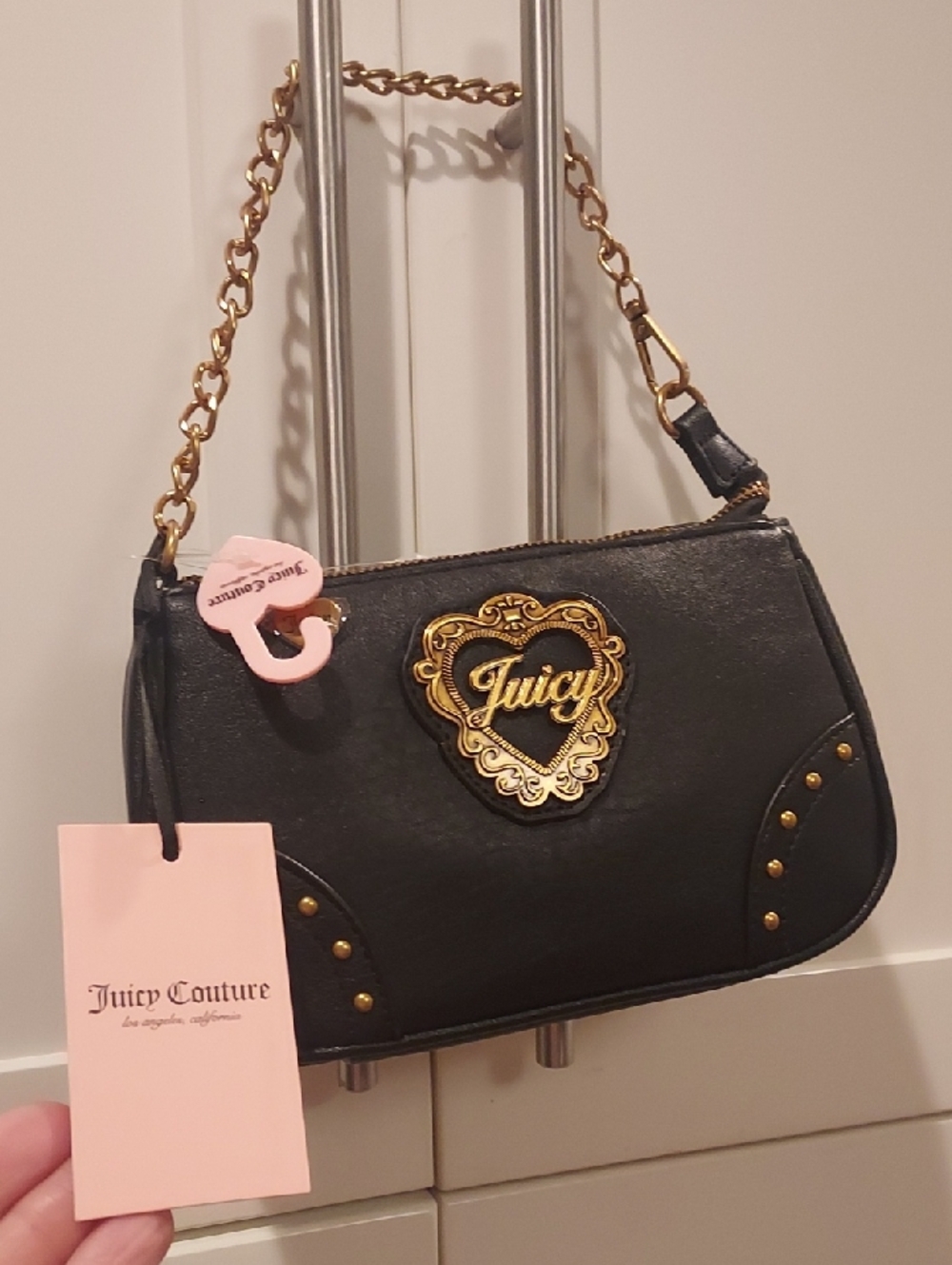 Juicy Couture Black Shoulder Bag with Gold Heart Emblem